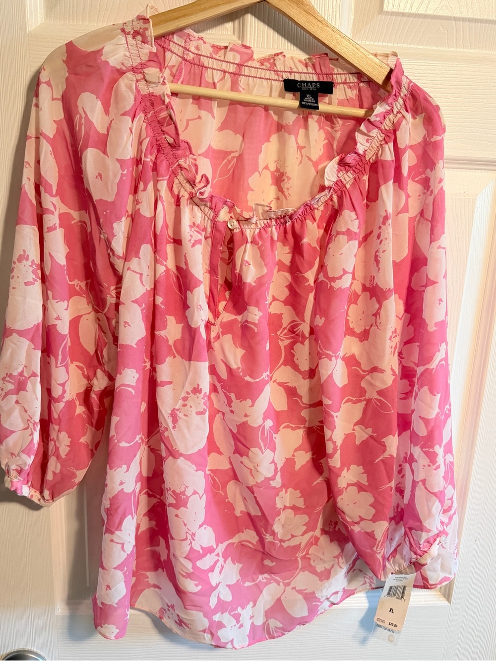 Chaps Pink and White Floral Ruffle Peasant Blouse - Picture 2 of 8